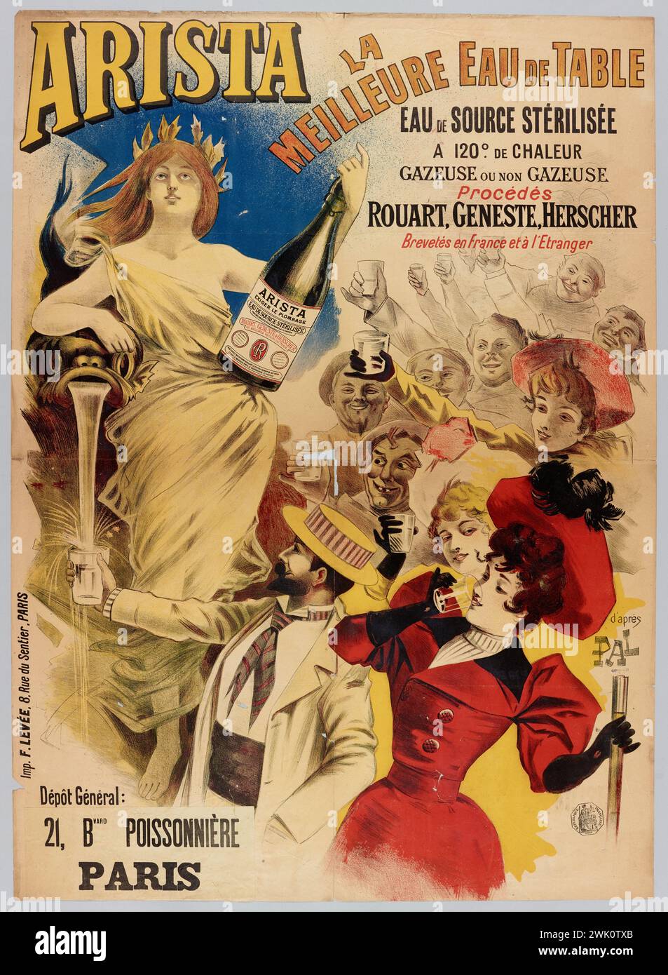 PAL, Jean (dit Jean paléologue) (n.1860 - D.1942), ARISTA/ la meilleure eau de table/ eau de source stérilisée/ A 120º. De chaleur/pétillant ou non gazeux (titre enregistré (lettre)), 1894. Lithographie en couleurs. Musée Carnavalet, histoire de Paris. Banque D'Images