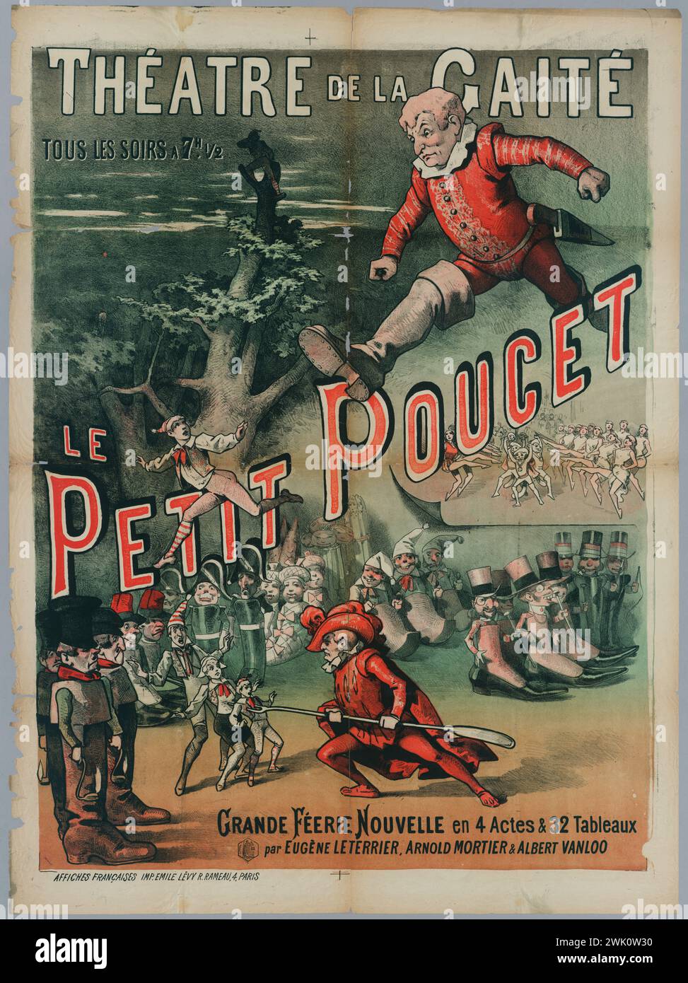 Anonyme, théâtre du joyeux/ tous les soirs à 7h. 1/2/ le/ le/ petit Poucet/ Grande Feerie Nouvelle en 4 actes & 32 tables/ par Eugene Leterrier, Arnold mortier & Albert Vanloo (titre enregistré (lettre)), 1885. Lithographie en couleurs. Musée Carnavalet, histoire Banque D'Images