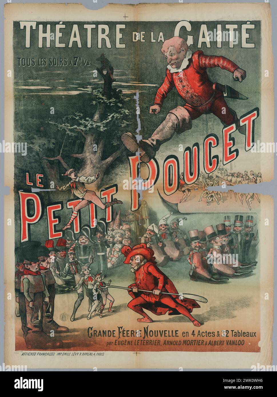 Anonyme, théâtre du joyeux/ tous les soirs à 7h. 1/2/ le/ le/ petit Poucet/ Grande Feerie Nouvelle en 4 actes & 32 tables/ par Eugene Leterrier, Arnold mortier & Albert Vanloo (titre enregistré (lettre)), 1885. Lithographie en couleurs. Musée Carnavalet, histoire Banque D'Images