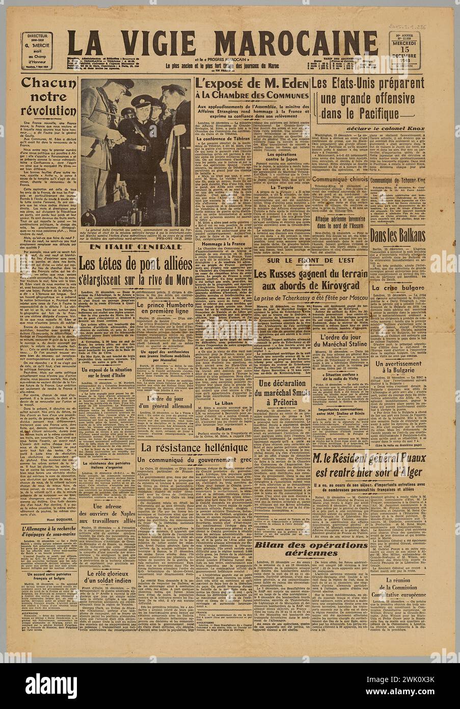 Imprimeries de l'accueil marocain et du petit marocain (n. - D.), Journal la Vigie marocaine (et le plus ancien progrès marocain et le plus fort dessin des journaux au Maroc) n°11,939 (titre décerné), 1943- 12-05. Papier imprimé. Musée de la libération de Paris - Musée général Leclerc - Musée Jean Moulin. Banque D'Images