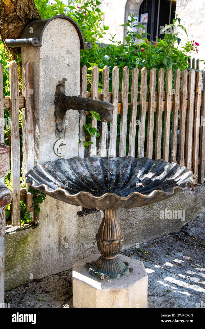 Une fontaine avec un large bassin métallique sur un stand, d'où une fontaine d'eau en forme de tête pousse du mur. Banque D'Images