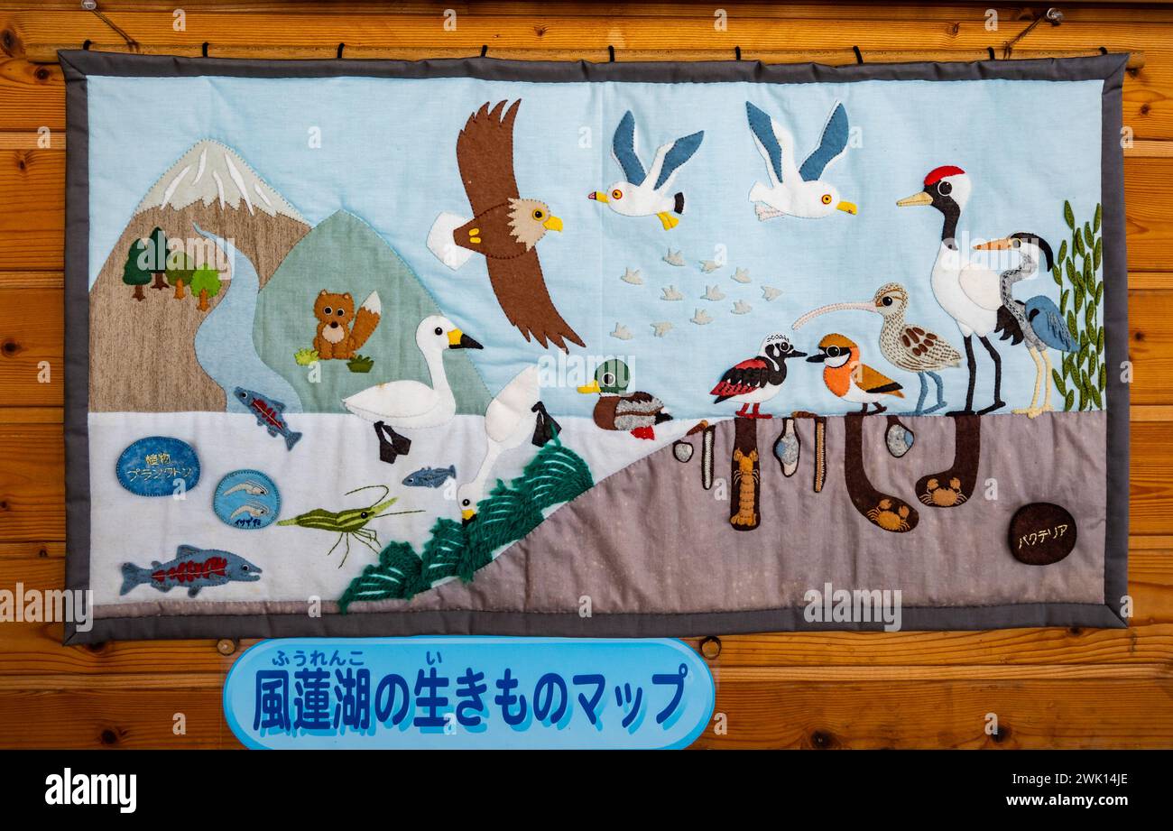 Une couverture matelassée colorée représentant les oiseaux, la faune et les paysages locaux. Hokkaido, Japon. Banque D'Images