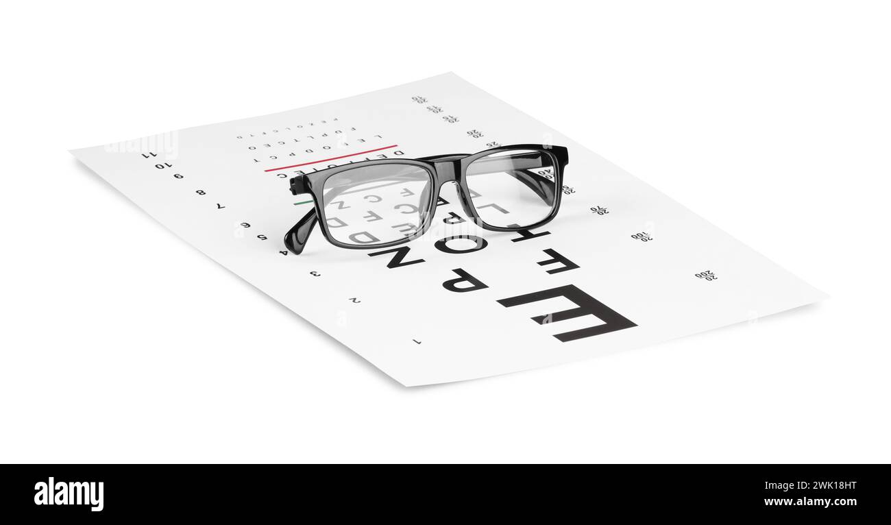 Lunettes et tableau de test de vision isolé sur blanc Banque D'Images