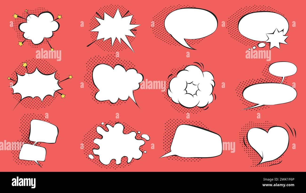 Collection de bulles de bande dessinée. Bulles de pensée vides de style rétro, bulles de parole, zone de texte, zone de discussion, boîte de message avec des ombres demi-teintes. Illustration de Vecteur