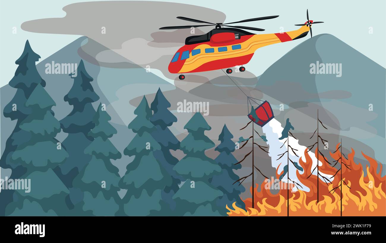 Illustration vectorielle d'une scène de feu de forêt avec un hélicoptère effectuant des opérations de sauvetage pour contenir le feu et protéger l'écosystème. Illustration de Vecteur