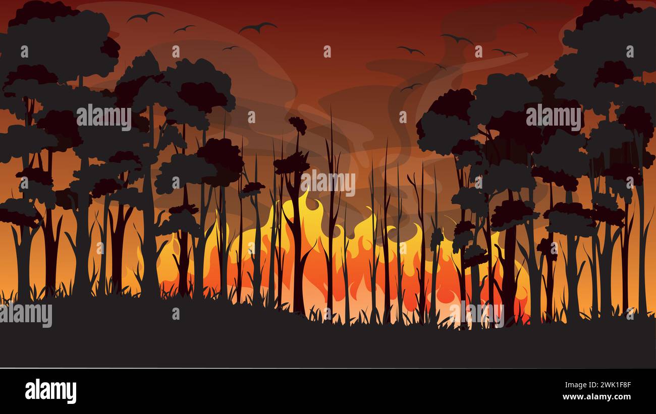 Illustration vectorielle de feu de forêt. Les catastrophes naturelles détruisent les arbres, la faune et les habitats. Protéger l'écosystème forestier. Illustration de Vecteur