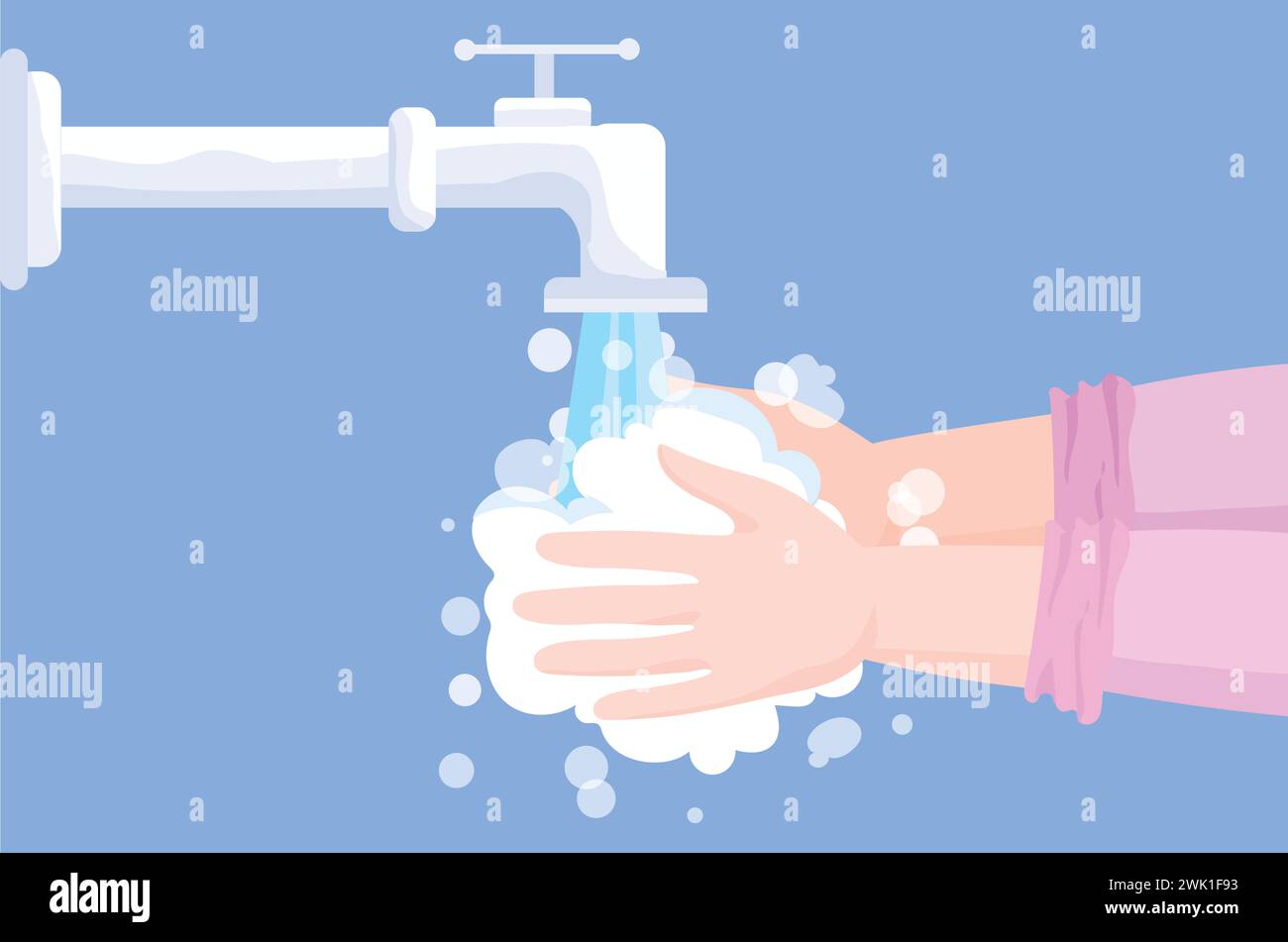 Illustration vectorielle du lavage des mains sous un robinet en cours d'exécution. Une paire de mains sont dans des mousses savonneuses. Concepts de santé, de soins personnels, de propreté et d'hygiène. Illustration de Vecteur