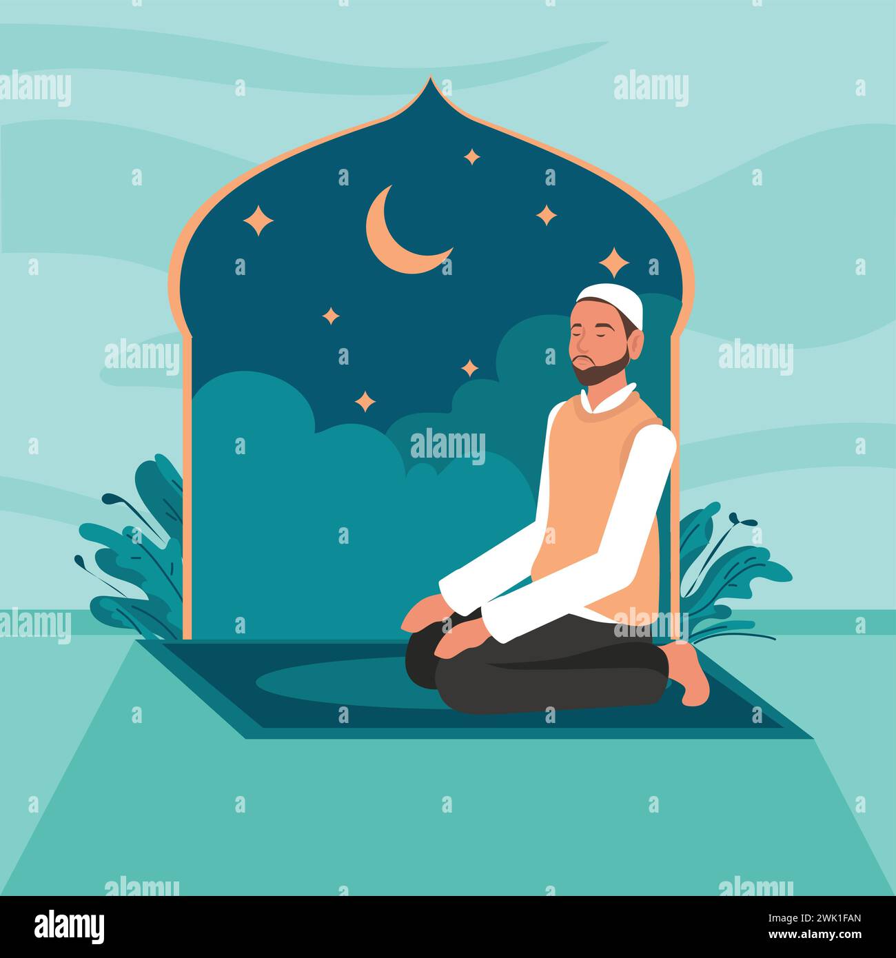 Illustration vectorielle d'un homme musulman engagé dans la prière. Jeune personne à genoux priant salat ou namaz sur un tapis devant le fond islamique. Illustration de Vecteur
