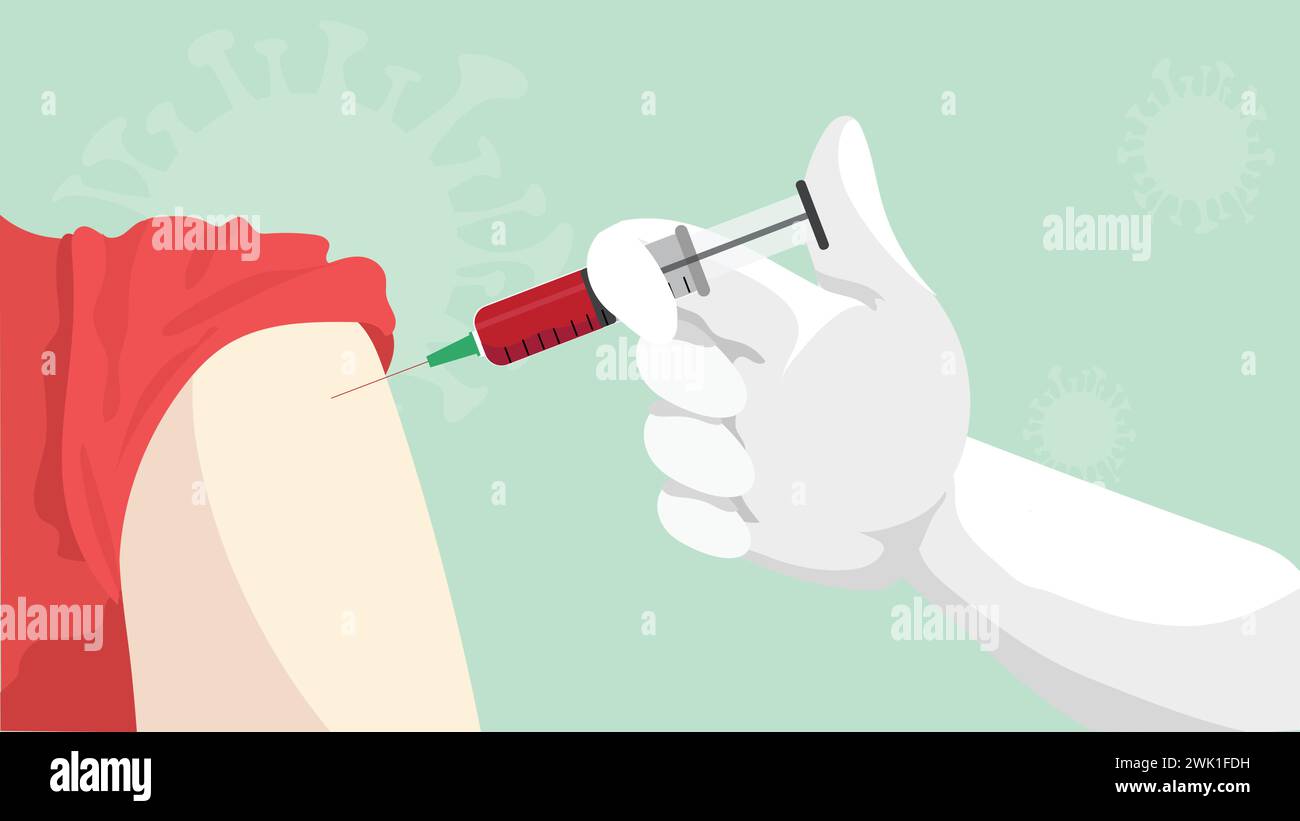Une infirmière ou un médecin administre un vaccin avec soin au bras d'un patient. L'arrière-plan représente subtilement des virus invisibles. Santé publique, menaces virales Illustration de Vecteur