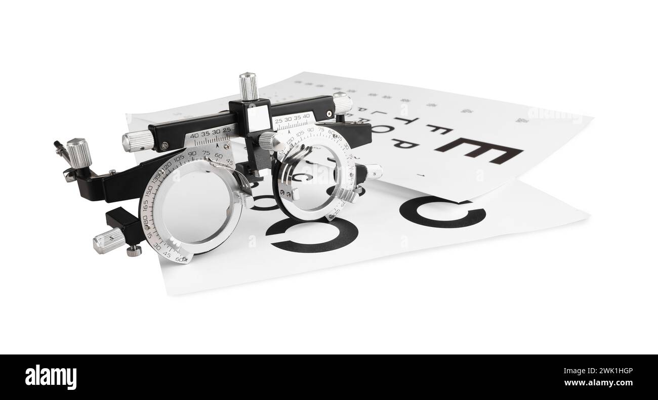 Cadre d'essai et cartes de test de vision isolées sur blanc Banque D'Images