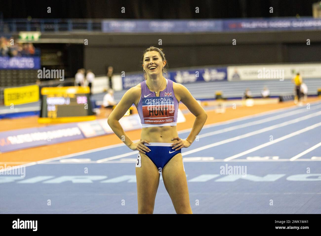 Birmingham, 17 février 2024, 60m Women final- HUNT Amy Winner, Credit : Aaron Badkin/Alamy Live News Banque D'Images