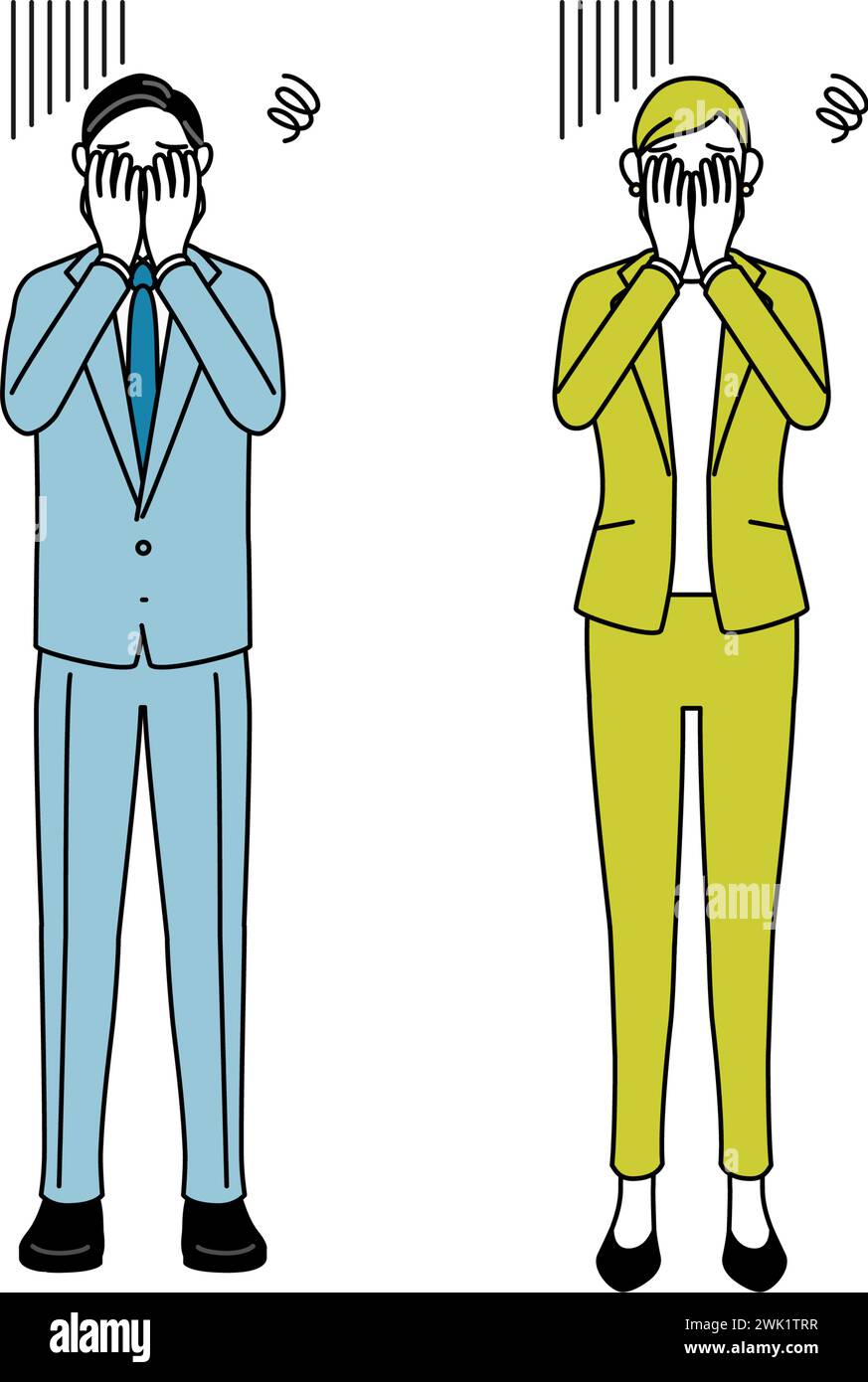 Illustration simple de dessin au trait d'homme d'affaires et de femme d'affaires (senior, Executive, manager) dans un costume couvrant son visage en dépression. Illustration de Vecteur