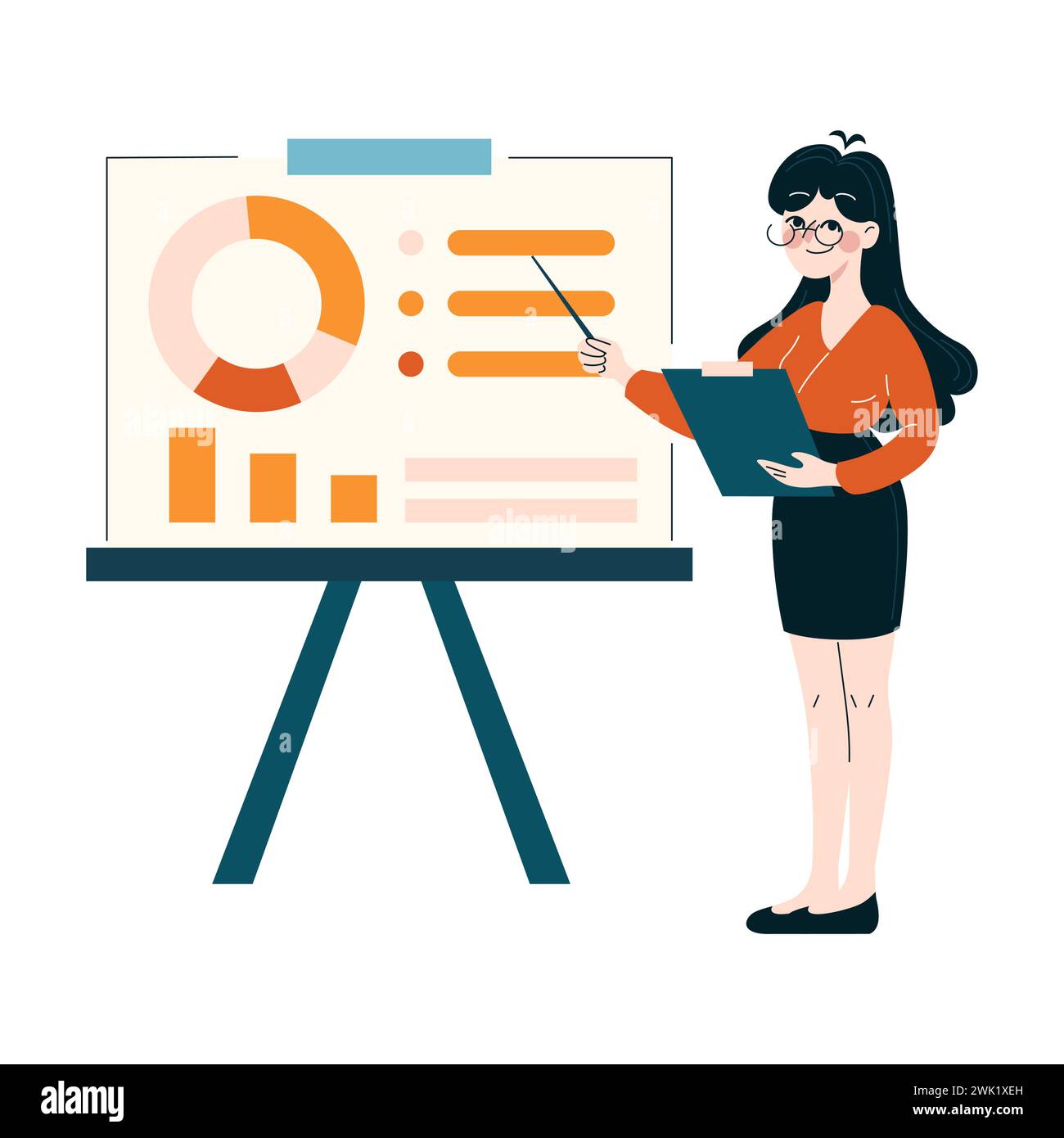 Concept de présentation d'analyse de données. Expert analytique expliquant les statistiques de croissance. Visualisation de la stratégie d'entreprise. Aperçu stratégique de l'entreprise. Illustration vectorielle plate Illustration de Vecteur