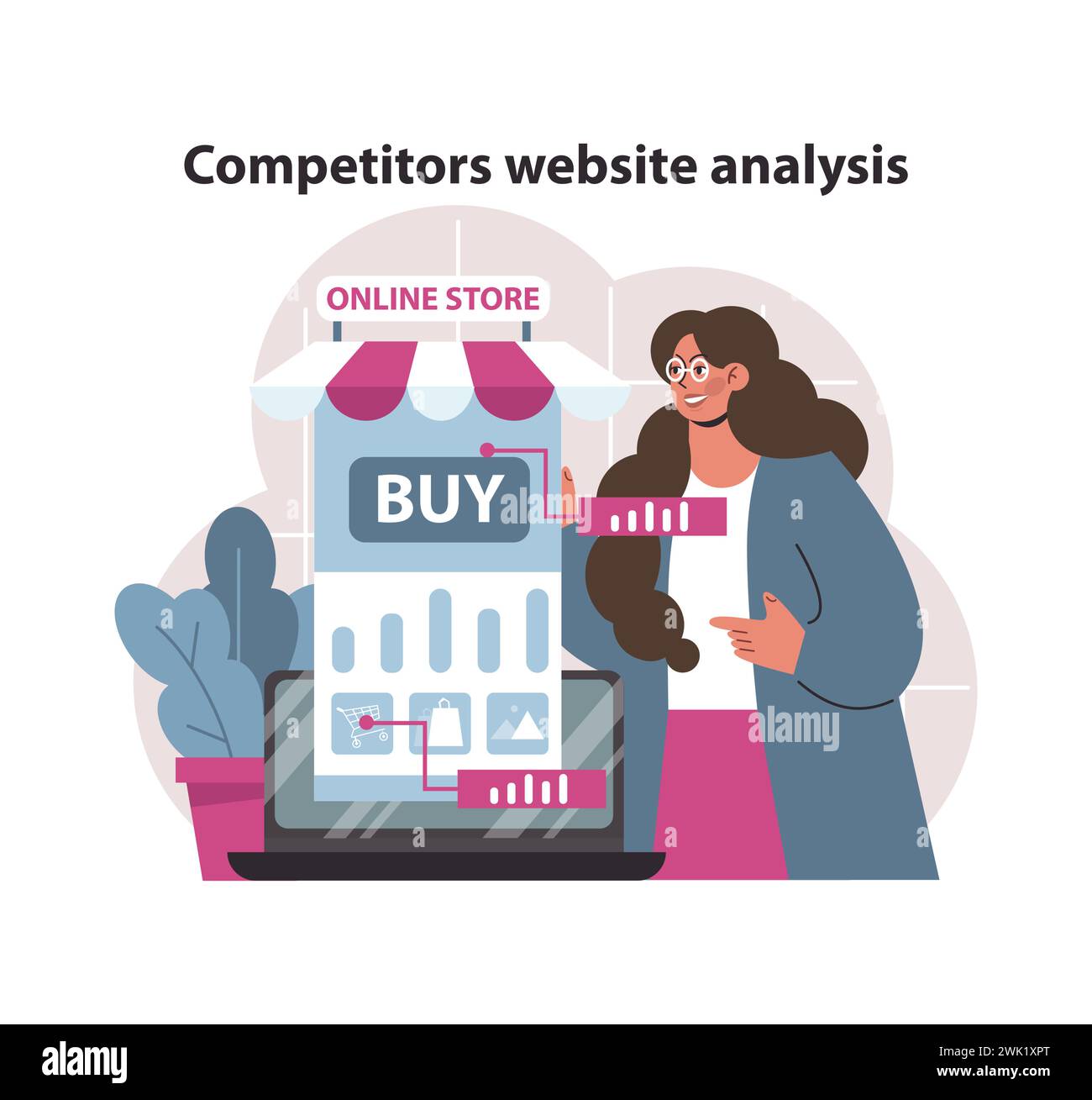 Concept d'analyse de site Web concurrent. Fonctionnalités de boutique en ligne de dissection experte pour des informations stratégiques. Tactiques de commerce électronique et amélioration de la présence numérique. Illustration vectorielle plate. Illustration de Vecteur