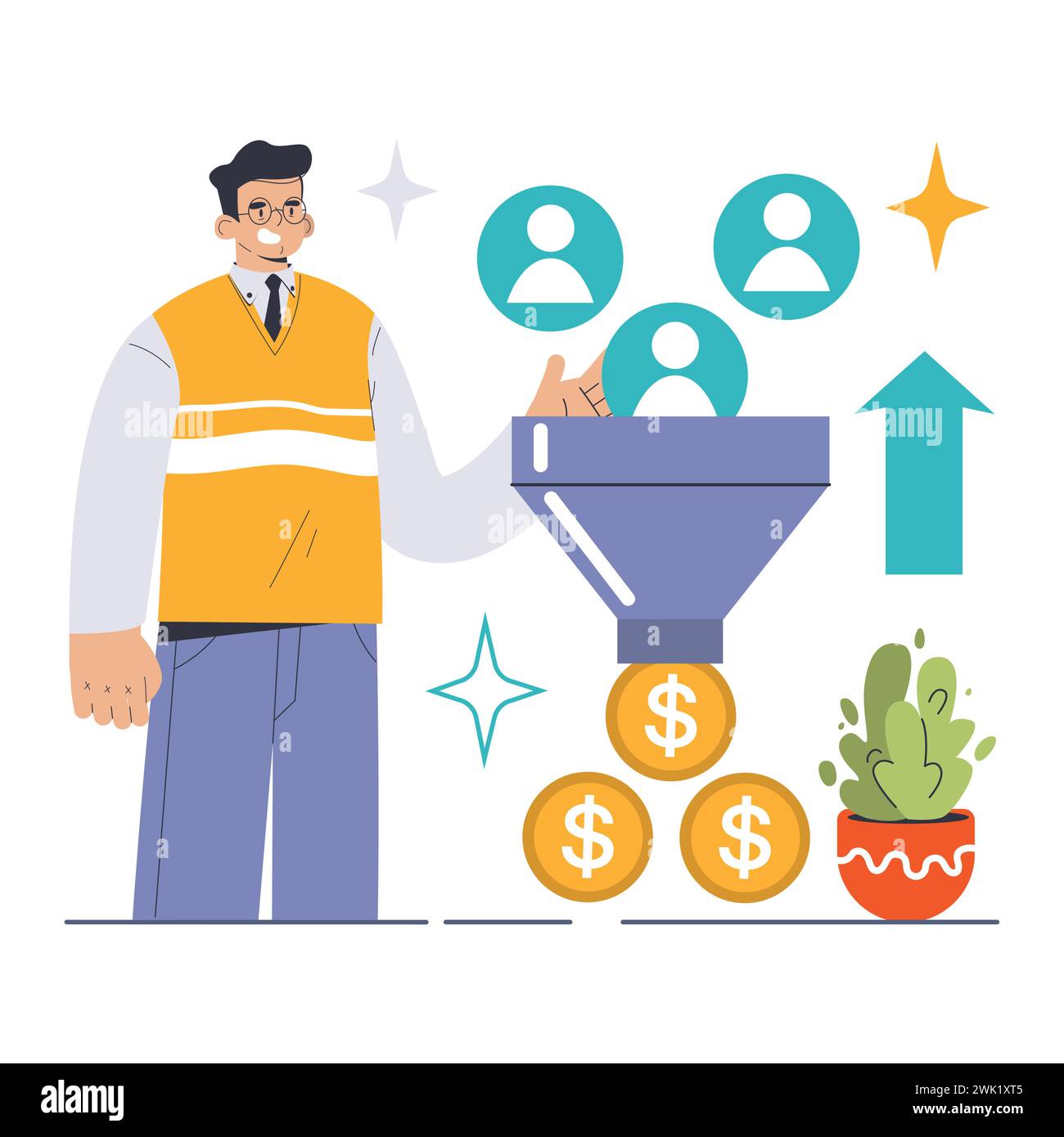 Un expert en marketing numérique navigue dans l'optimisation du taux de conversion. Canaliser les avatars des utilisateurs vers les revenus, les flèches de croissance indiquent le succès. Stratégies de dynamisation de l'activité. Illustration vectorielle plate Illustration de Vecteur