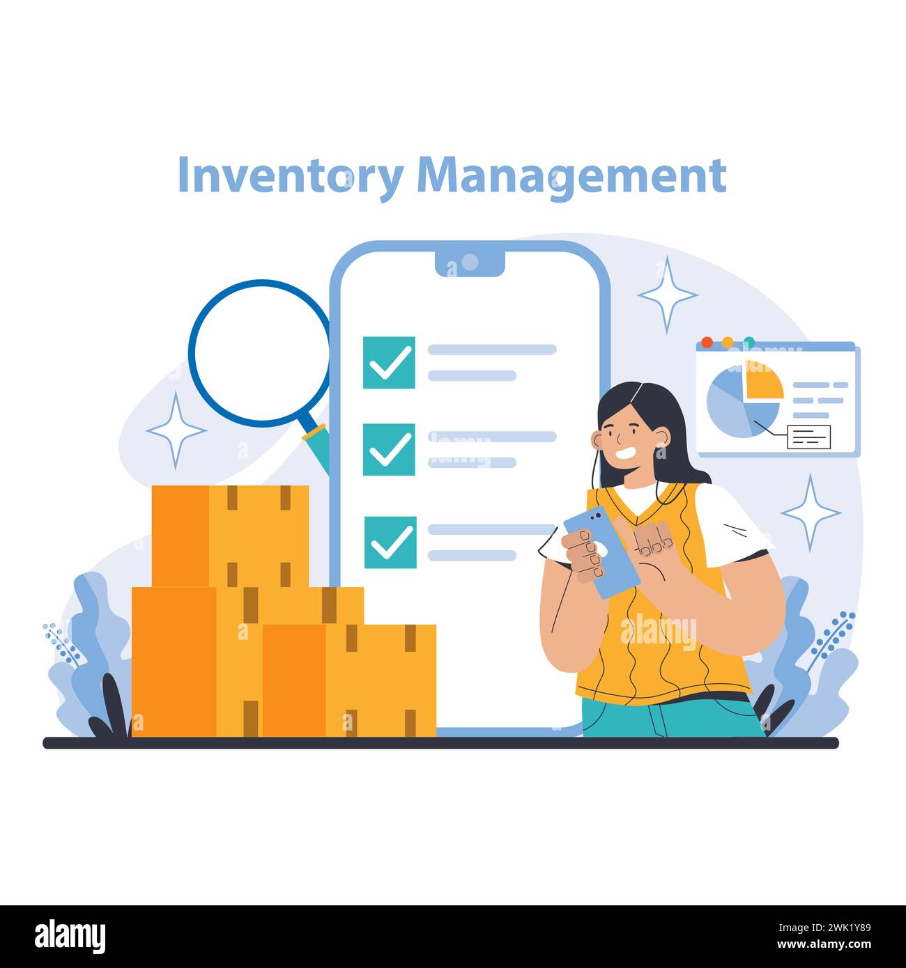 Concept de logistique et de gestion des stocks. Décrit la vérification méticuleuse des stocks et l'analyse des données pour une organisation optimale de l'entrepôt. Met en évidence le contrôle des stocks moderne en mettant l'accent sur la précision. Illustration de Vecteur