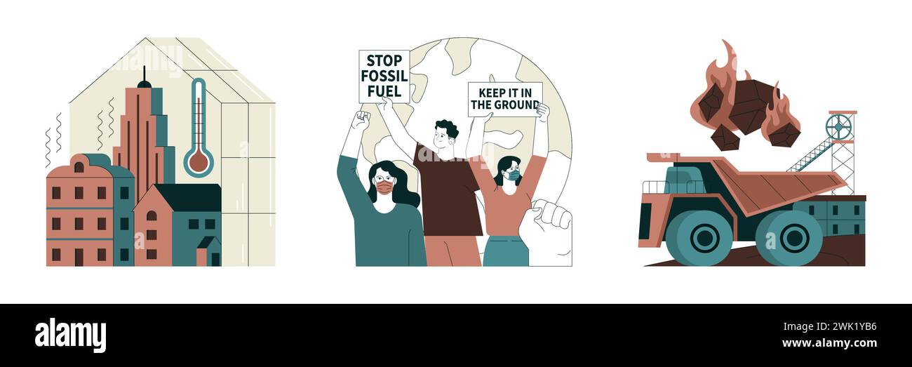 Ensemble combustible fossile. L'extraction des ressources fossiles et son impact sur le changement climatique. Dépendance à l'égard des sources d'énergie non renouvelables. Épuisement des matières premières terrestres. Illustration vectorielle plate Illustration de Vecteur