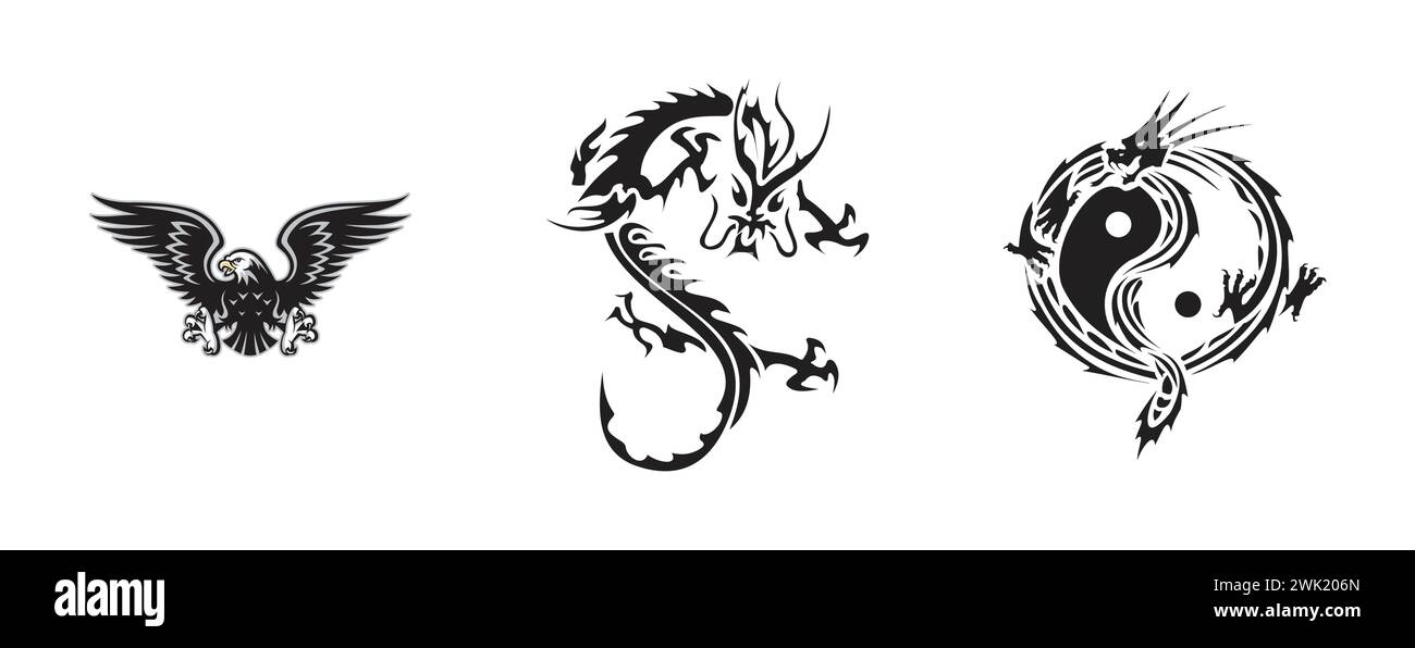 Aigle prabha, Dragon, dragon yin yang. Collection de logos éditoriaux Arts et design. Illustration de Vecteur