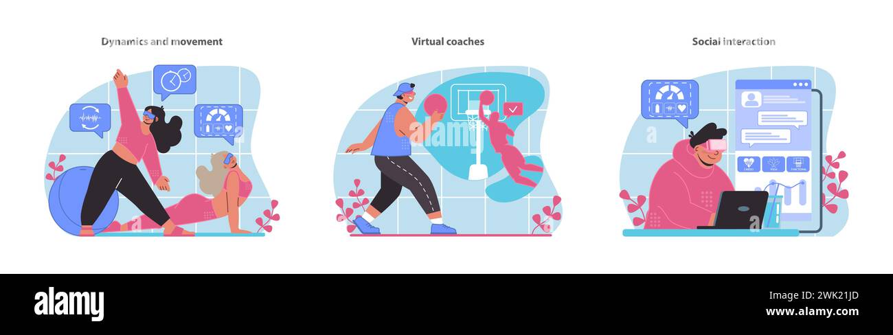Découvrez le mélange d'entraînement virtuel et de fitness réel avec des mouvements dynamiques, des entraîneurs virtuels personnels et des interactions sociales engageantes dans nos vecteurs d'entraînement VR. Illustration de Vecteur