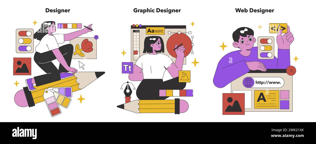 Concepteurs créatifs au travail. Artistes enthousiastes engagés dans la conception graphique et web, l'élaboration de visuels et d'interfaces avec le flair artistique. Illustration vectorielle plate. Illustration de Vecteur