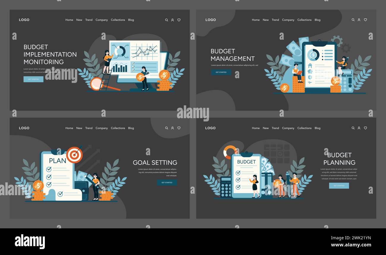 Série de gestion budgétaire. Visuels complets pour la surveillance, la définition d'objectifs et la planification des finances. Les objectifs financiers et le flux d'exécution. Illustration vectorielle plate Illustration de Vecteur