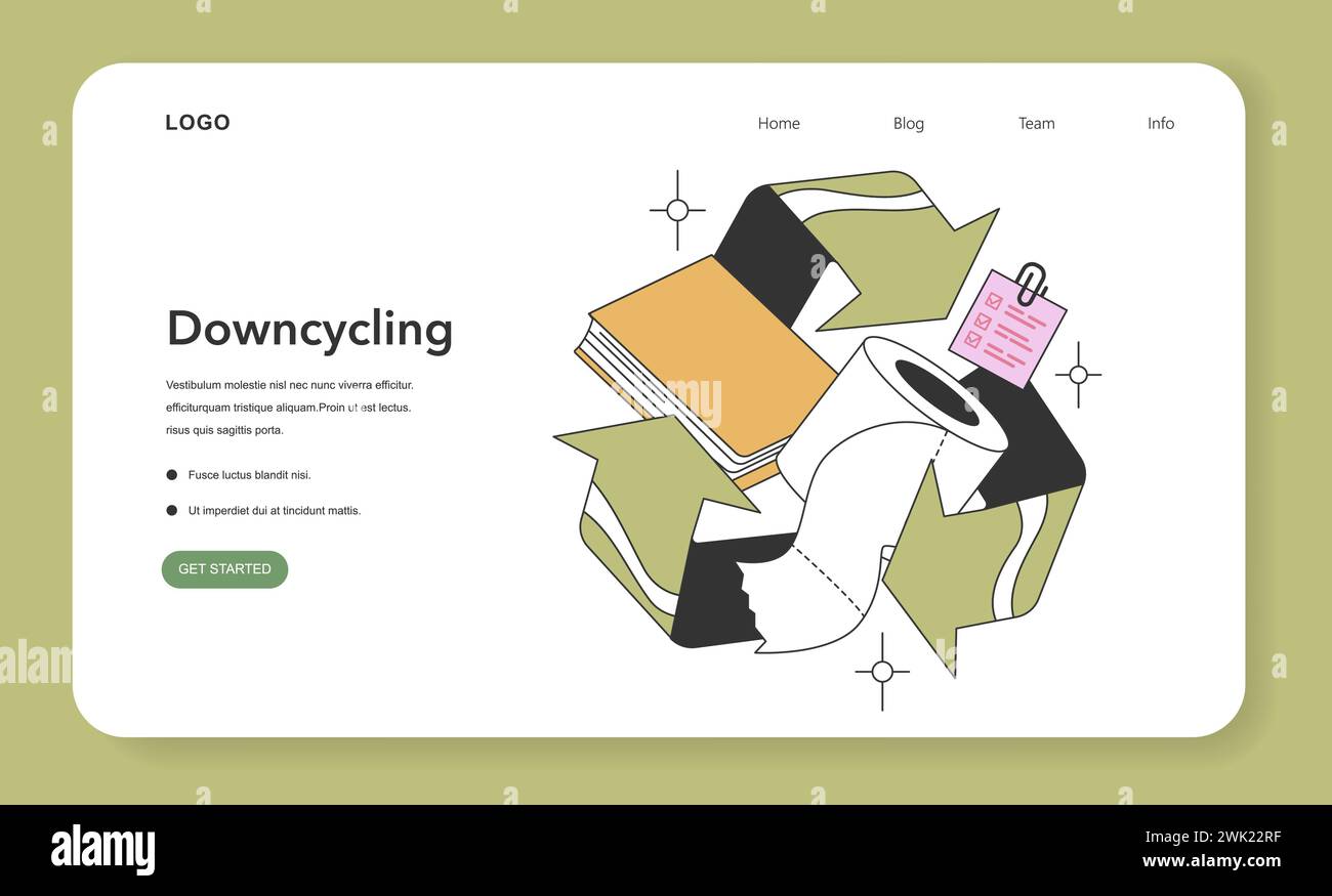 Description du processus de descente en cycle. Matériaux recyclables comme le papier et le papier tissu, ce qui représente un recyclage de qualité réduite. Illustration vectorielle plate Illustration de Vecteur