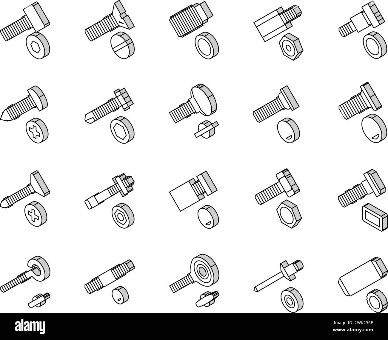 Vecteur de définition d'icônes isométriques d'accessoire de construction de vis et de boulons Illustration de Vecteur