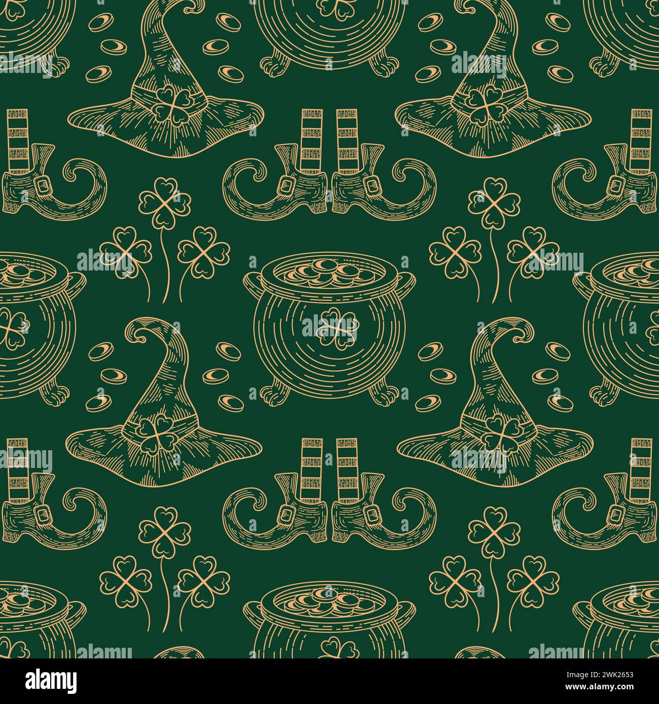 Modèle sans couture de. Symboles Patricks Day. Chapeau haut de gamme Leprechaun, chaudron doré, chaussures avec boucles, pieds en bas rayés. Trèfle à quatre feuilles. bien Illustration de Vecteur