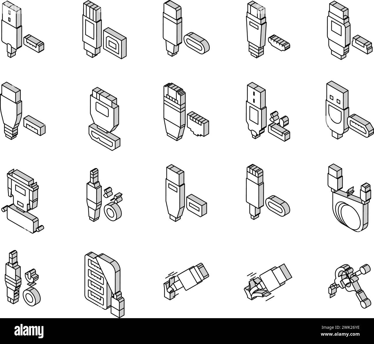 Le câble USB et le port achètent des icônes isométriques set vector Illustration de Vecteur