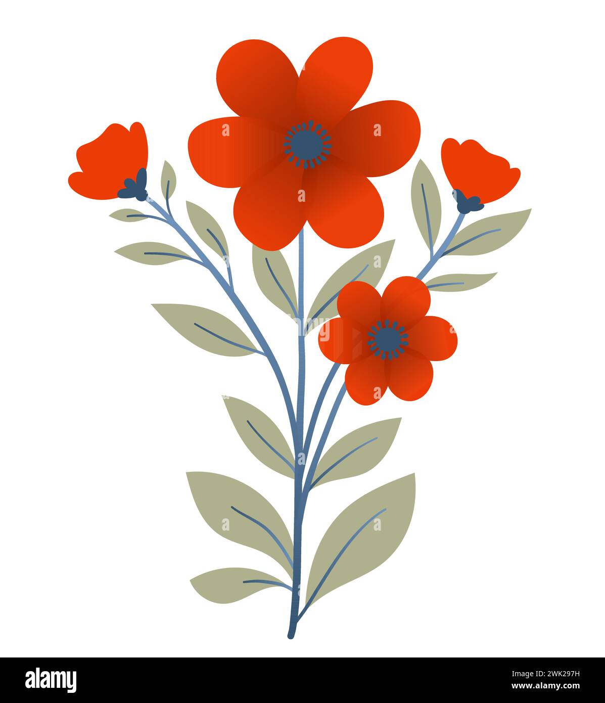 Bouquet de plantes et de fleurs rouges dans un style plat sur fond blanc. Fleurs et herbes de prairie, feuilles et coquelicots. Illustration vectorielle Illustration de Vecteur