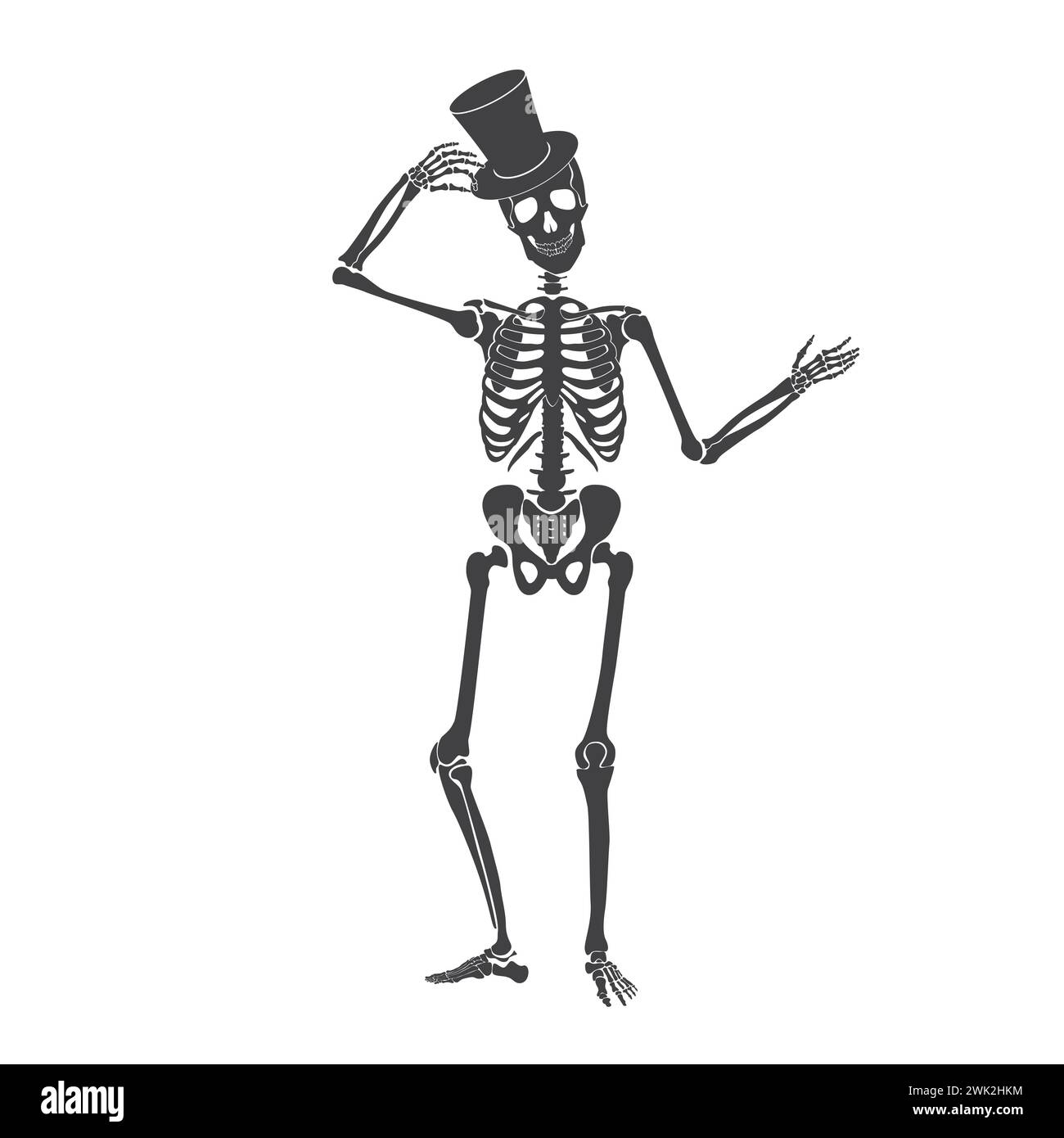 Danse du squelette noir, personnage de gentleman mort tenant cylindre pour soulever dans l'illustration vectorielle de salutation Illustration de Vecteur