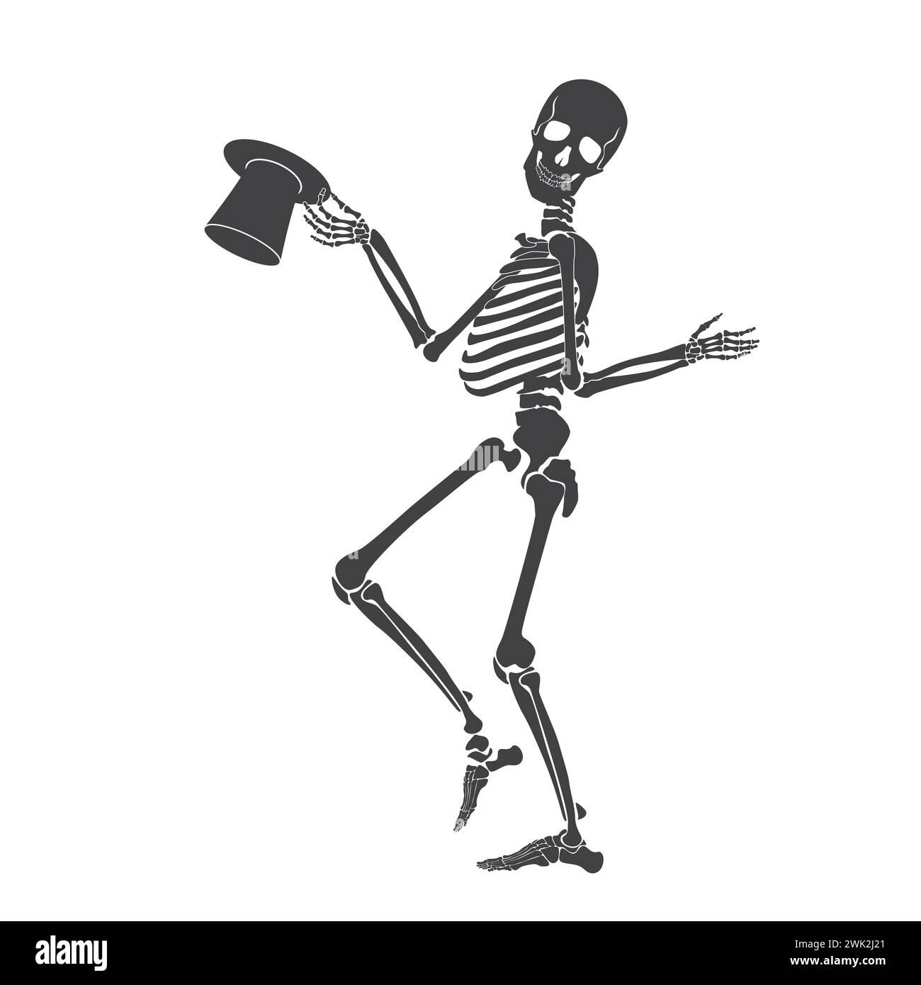Danse du squelette noir, personnage fantôme d'Halloween effrayant marchant avec illustration vectorielle de chapeau Illustration de Vecteur