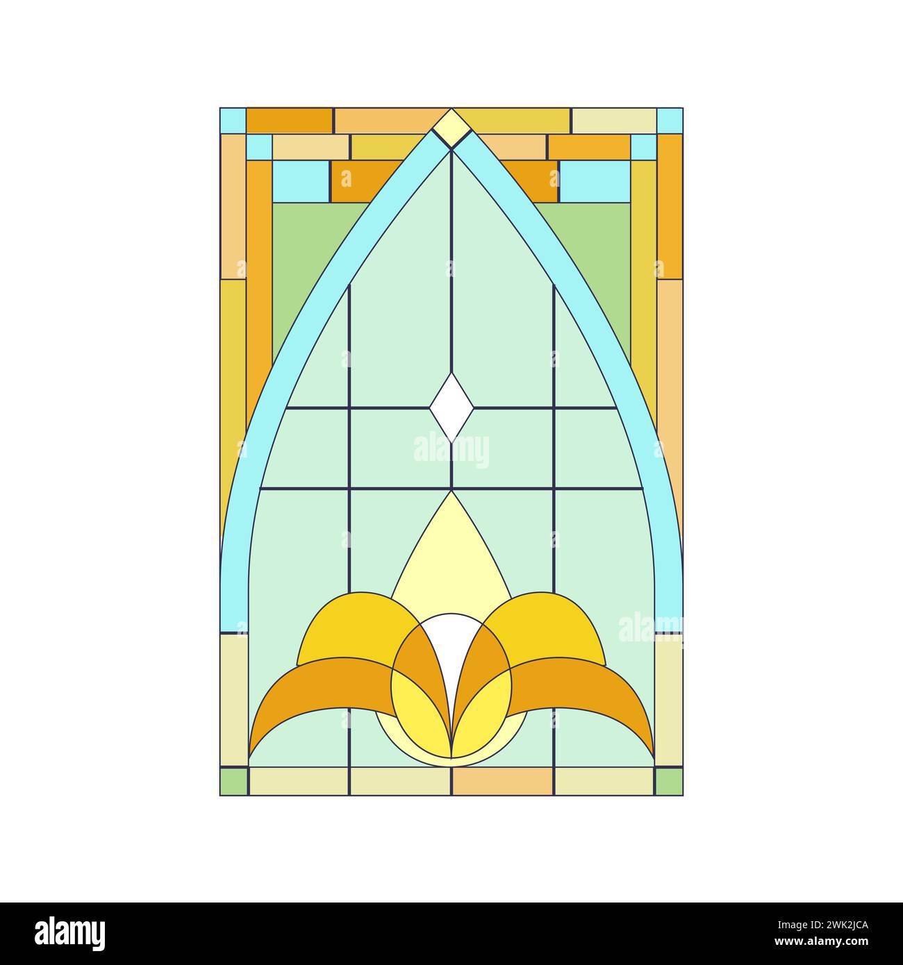 Vitrail de forme rectangulaire avec arc et motif de mosaïque coloré à l'intérieur de l'illustration vectorielle de cadre Illustration de Vecteur