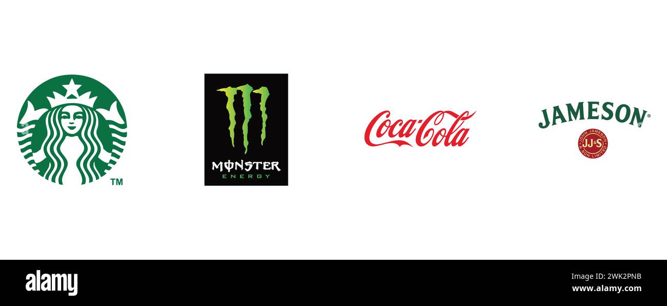 Jameson, Starbucks, Coca-Cola, Monster Energy. Collection du logo de la meilleure marque. Illustration de Vecteur