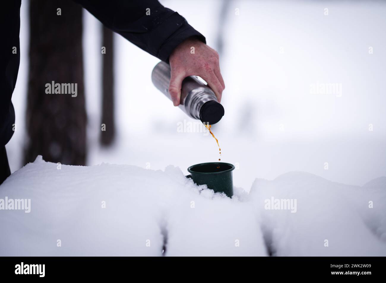 Voyageur méconnaissable versant du café ou du thé à la tasse de thermos sur la table enneigée sur le paysage hivernal de fond. Thème tourisme et voyages Banque D'Images