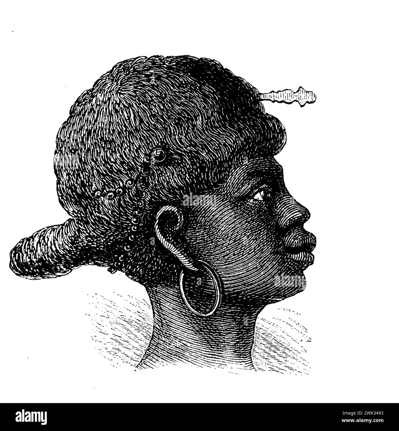 Coiffure d'Afrique équatoriale occidentale d'une femme de la tribu Ashira, illustration du XIXe siècle Banque D'Images