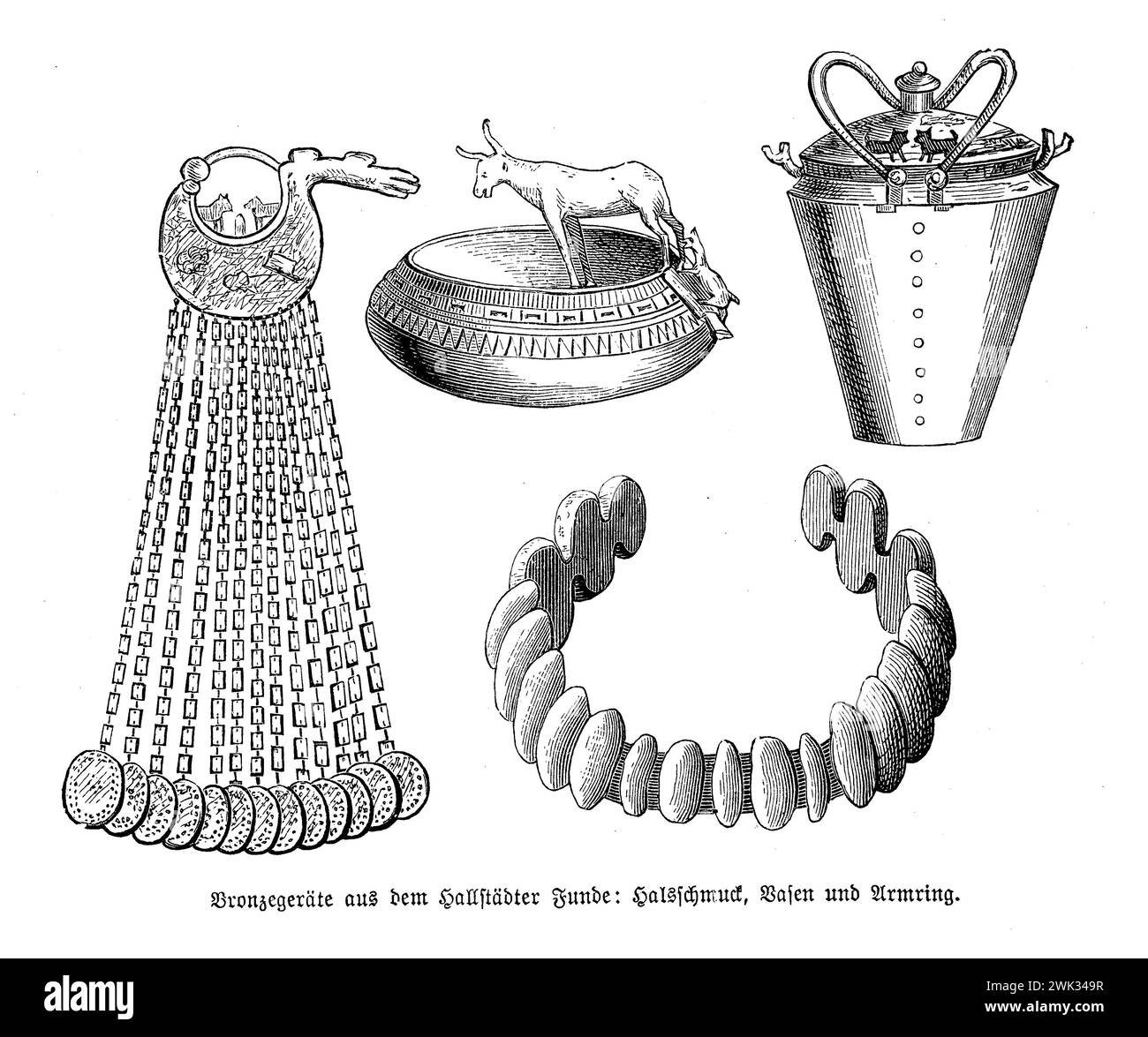 Beaux objets et bijoux de l'âge de bronze trouvés à Hallstatt, Autriche de la culture proto-celtique : collier, bracelet et vases Banque D'Images