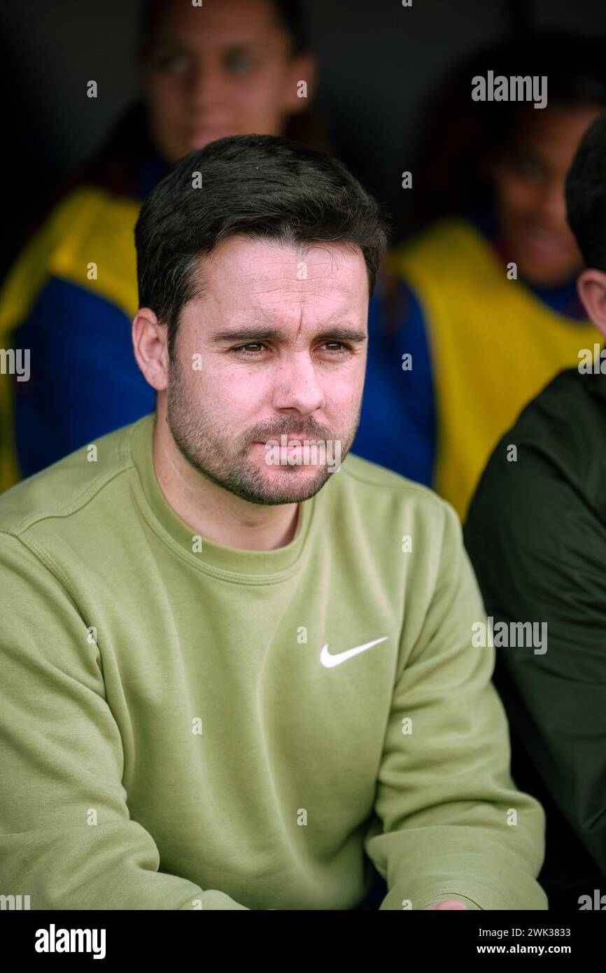 Sant Joan Despi, Espagne, 18 février 2024. Espagne Liga F : FC Barcelona v Atletico de Madrid. Jonatan Giraldez, entraîneur-chef du FC Barcelone. Crédit : Joan G/Alamy Live News Banque D'Images