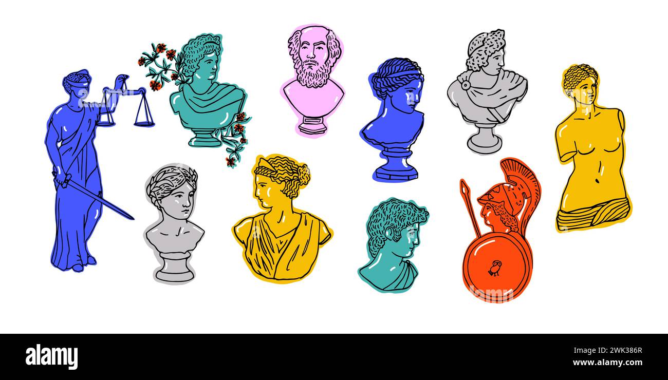Ensemble de sculptures grecques anciennes colorées Illustration de Vecteur