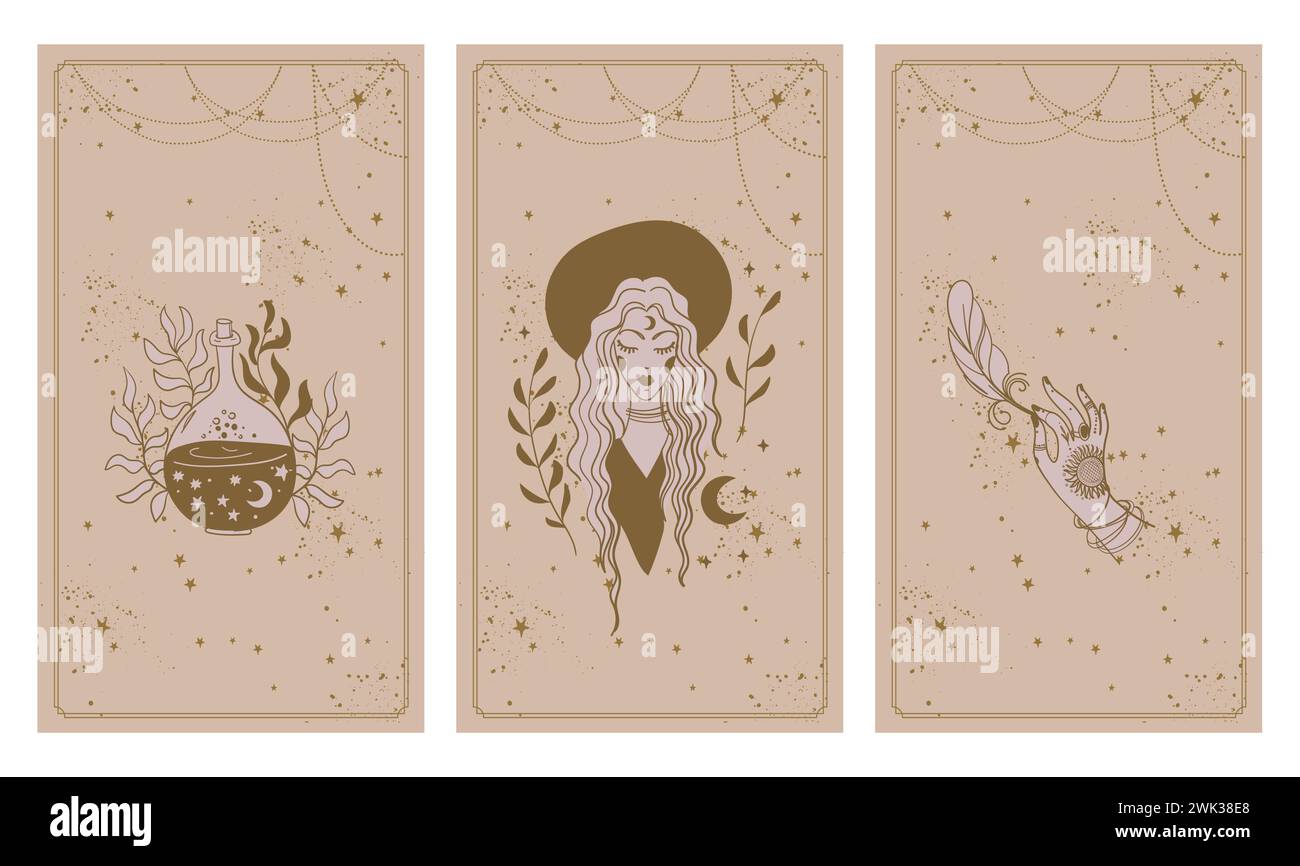Ensemble de trois cartes de tarot, motifs célestes et mystiques, sorcière avec potion magique, main féminine avec plume, tatouages boho, illustration vectorielle Illustration de Vecteur