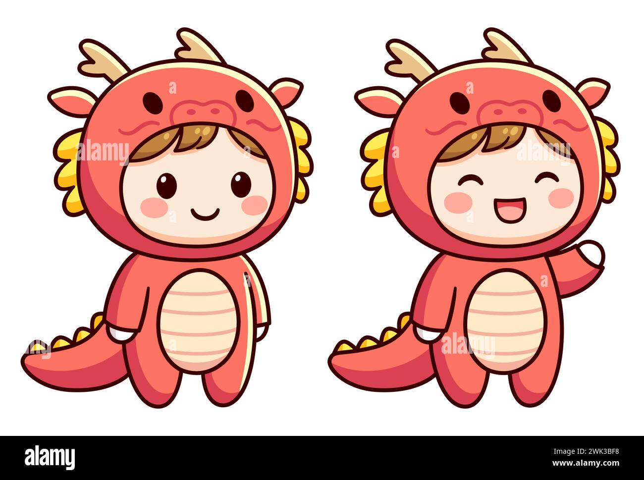 Kawaii petit garçon en costume rouge dragon chinois kigurumi onesie. Personnage de dessin animé mignon debout et ondulant, illustration vectorielle clip art. Illustration de Vecteur