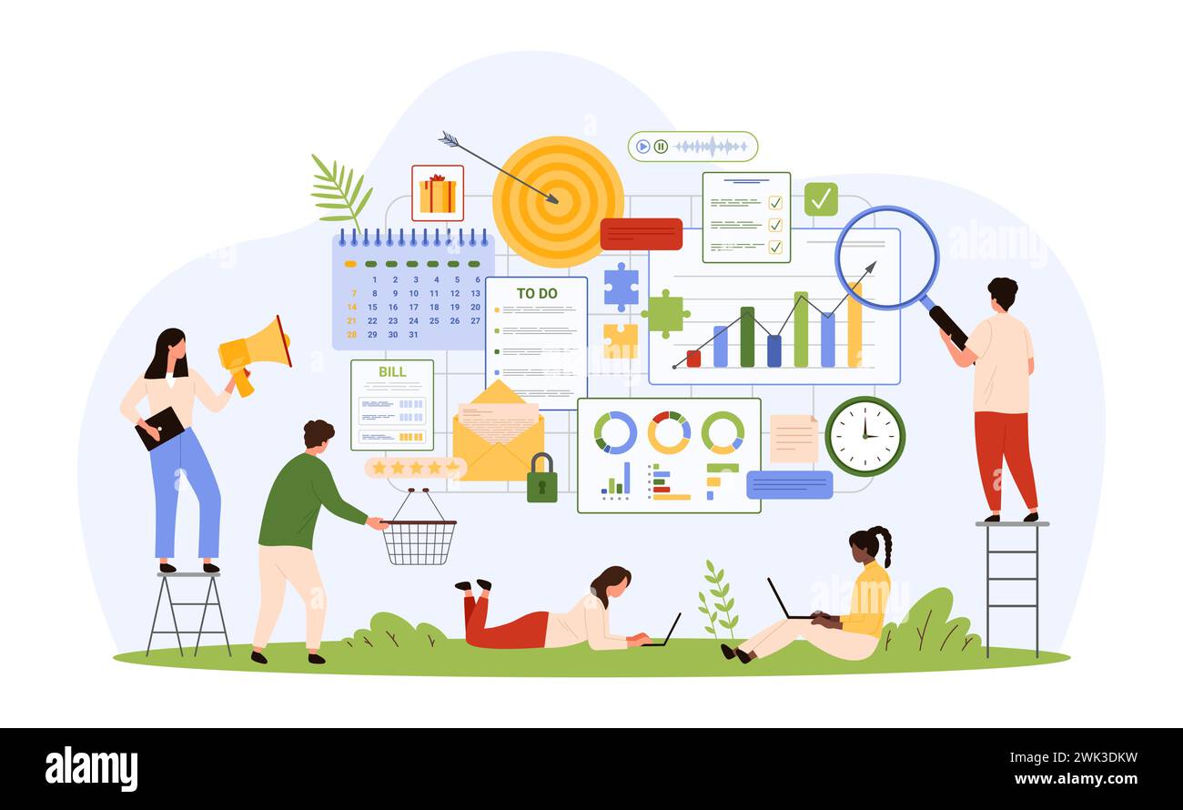 Planification, administration et gestion des flux de travail. Minuscules personnes occupées avec loupe et mégaphone travaillant avec des documents en ligne pour organiser et planifier des tâches de travail illustration vectorielle de dessin animé Illustration de Vecteur
