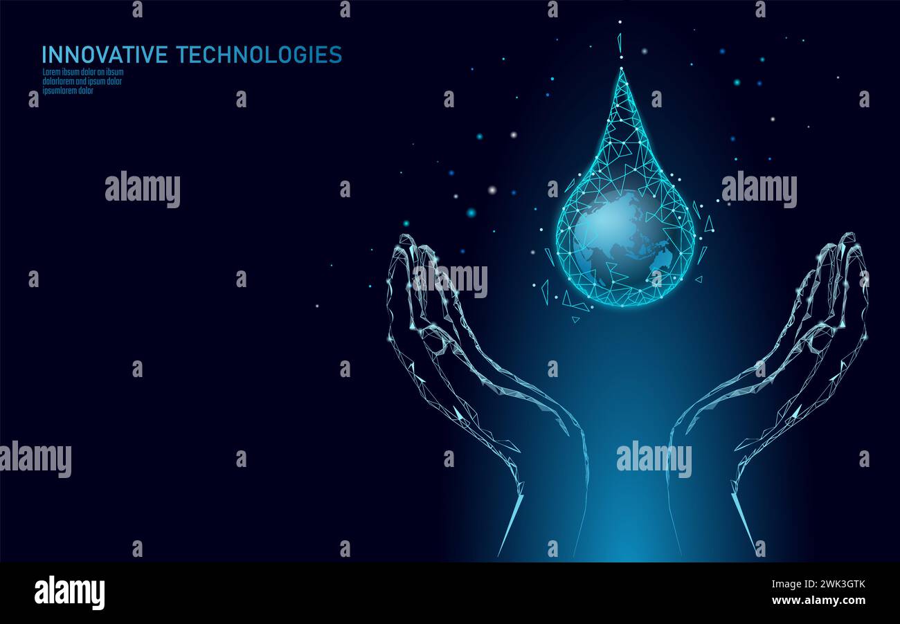 Économiser de l'eau faible main concept poly. Planète écologie triangle polygonale Océan mer bannière de sécurité. Goutte d'eau nature environnement global fixe fuite monde soins Illustration de Vecteur