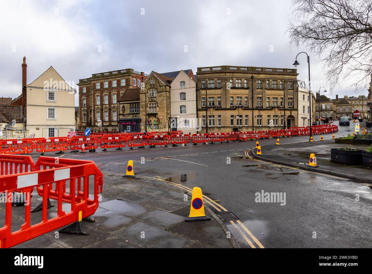 Travaux d'amélioration dans le centre-ville de Trowbridge dans le cadre de l'investissement du gouvernement dans le future High Streets Fund, Trowbridge, Wiltshire, Angleterre, Royaume-Uni Banque D'Images