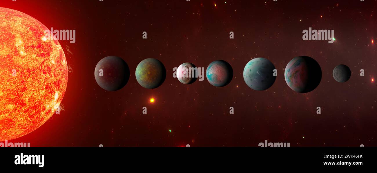 Trappist-1 est une étoile naine rouge froide avec sept exoplanètes connues, elle se trouve dans la constellation Verseau à environ 40,66 années-lumière de la Terre, 3D. Banque D'Images