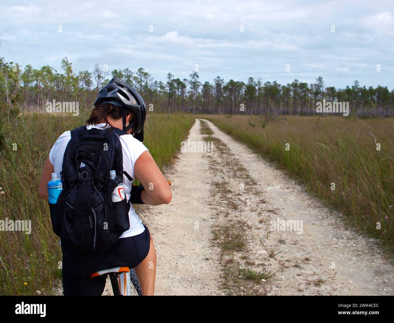 Everglades, Floride, États-Unis - 13 septembre 2016 : femme moteuse sur long Pine Key nature Trail avec sac à dos transportant des bouteilles d'eau Camelback. Banque D'Images