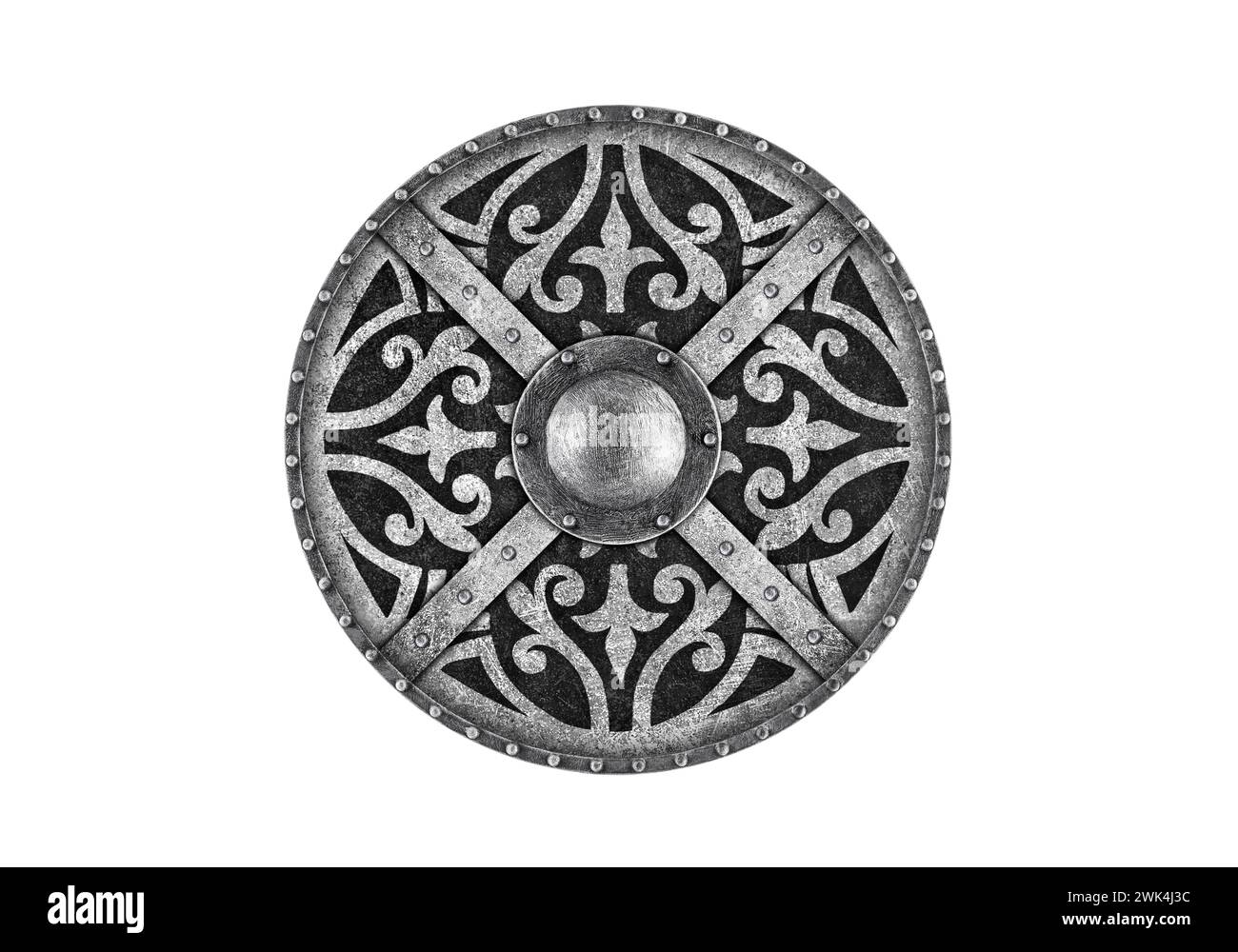 Ancien bouclier rond en métal décoré isolé sur fond blanc Banque D'Images