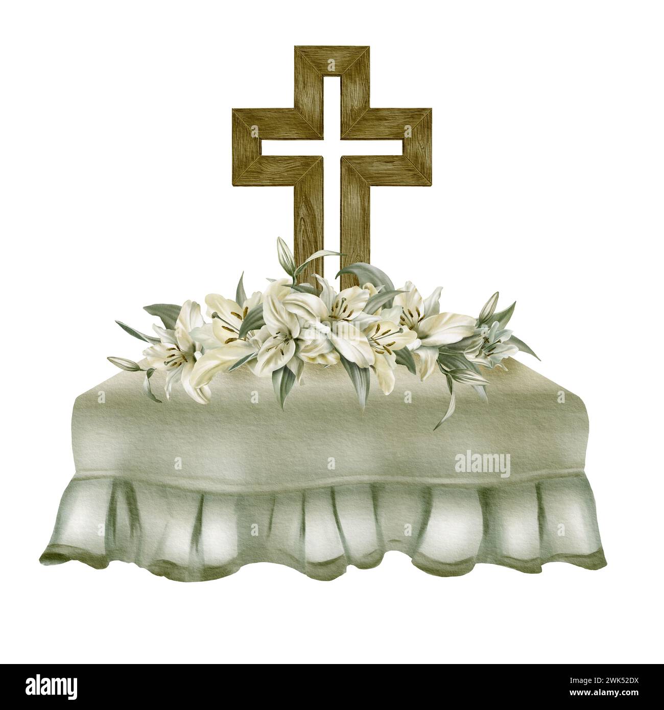 Aquarelle composition religieuse de nappe avec volants, croix orthodoxe en bois, lis blanc dans un schéma de couleurs feuille de sauge. Banque D'Images