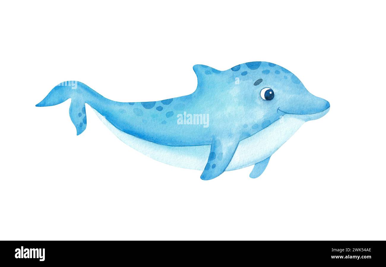 Aquarelle mignon dauphin. Illustration dessinée à la main isolée sur fond blanc. Monde sous-marin. Animal sous-marin Banque D'Images