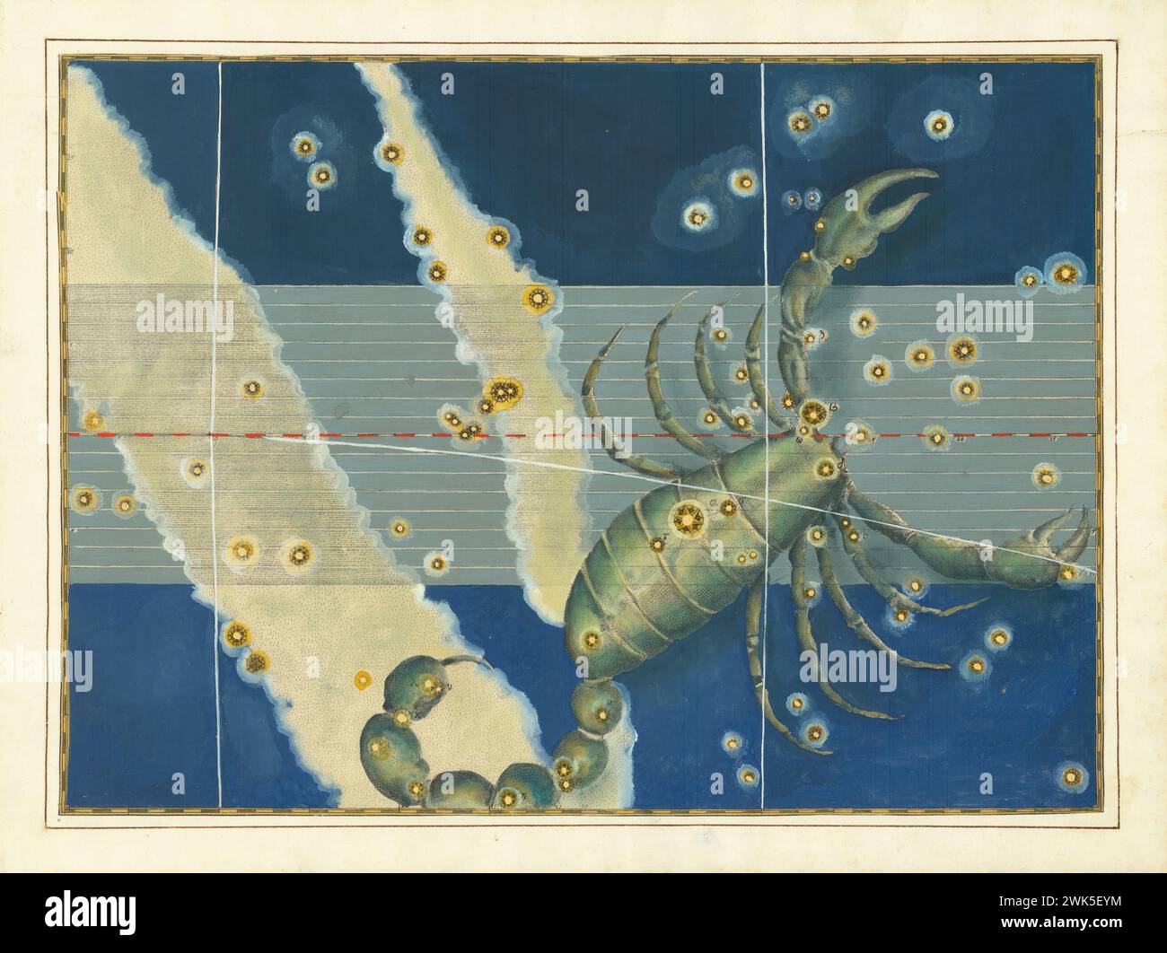 Scorpion - Johann Bayer, gravure vintage,1603. Carte céleste de Constellation avec les étoiles de l'Uranometria de Bayer.. L'impression comporte une représentation du Scorpion Banque D'Images